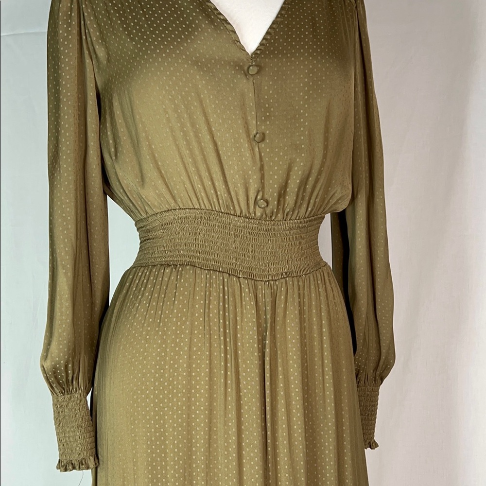 BY THE RIVER Satin olive green polka dot midi dress size M